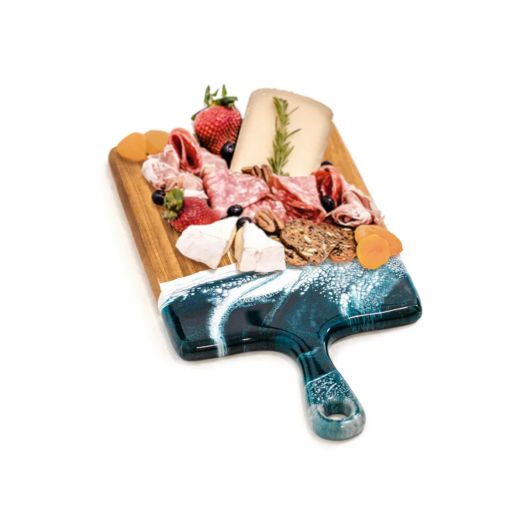large wooden board with handle accented in blue and white resin