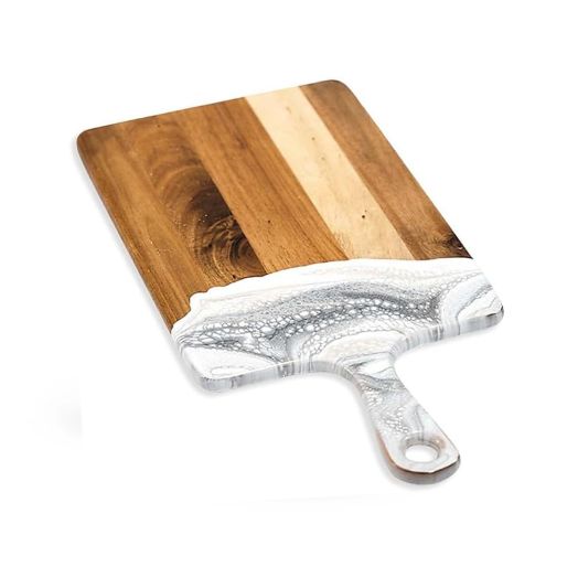 wooden board with white and grey design in resin