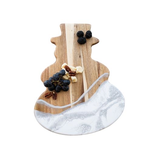 snowman shaped cheese board with white resin detail