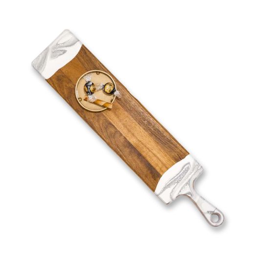 elongated wooden board with white marble design in resin