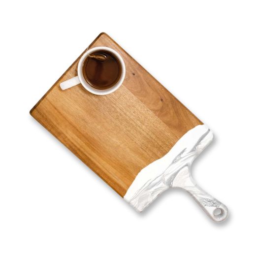 large squared wooden board with white marble resin design