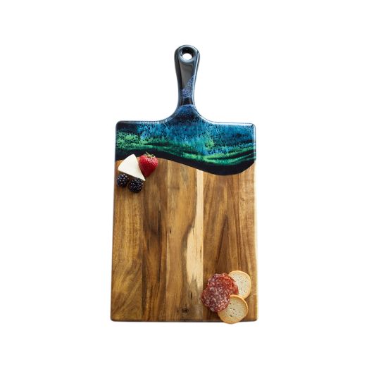 wooden cheeseboard with blue resin design