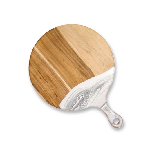 round wooden board with white marble resin design