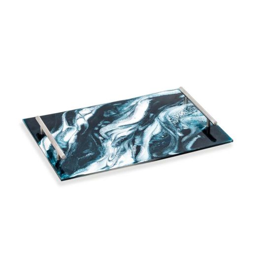 blue and white marbled rectangular tray with silver handles