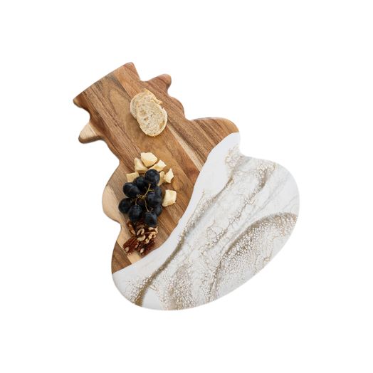 snowman shaped cheese board with white resin design