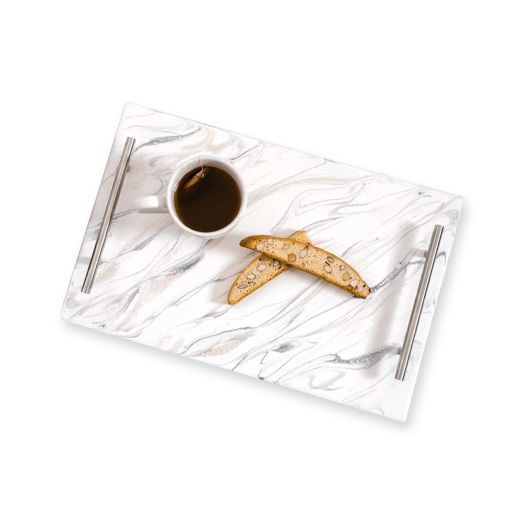 white marbled design on rectangular tray with silver handles