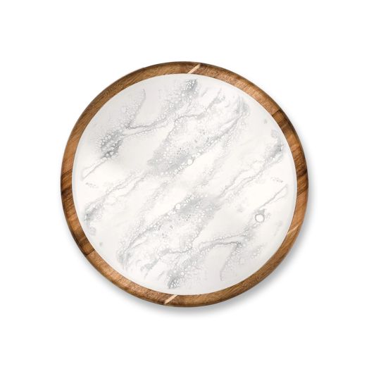 rounded wooden server with marble resin design