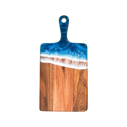 wooden cheeseboard with blue and white resin design