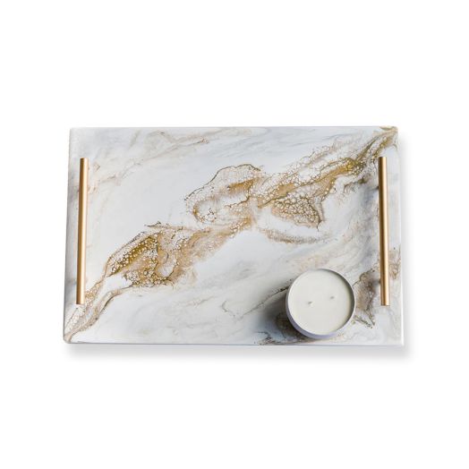 marbled white tray with gold handles
