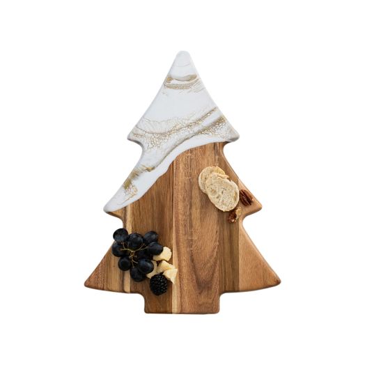 tree shaped cheese board with white and golden resin