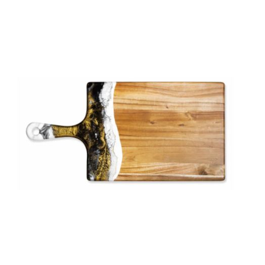 rectangular wooden board with gold and black marbled pattern