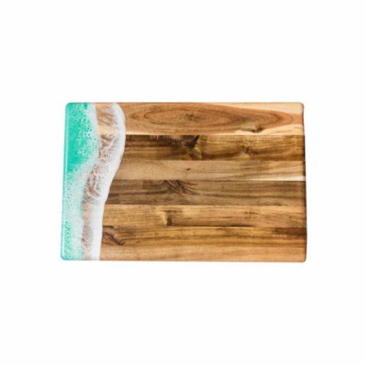 large wooden board with blue and white resin details