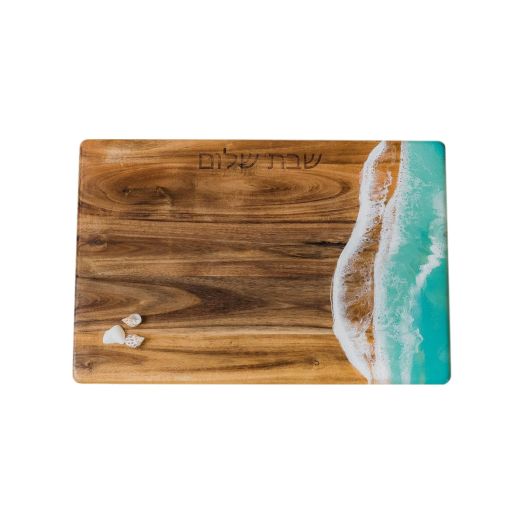 challah board in wood with blue design