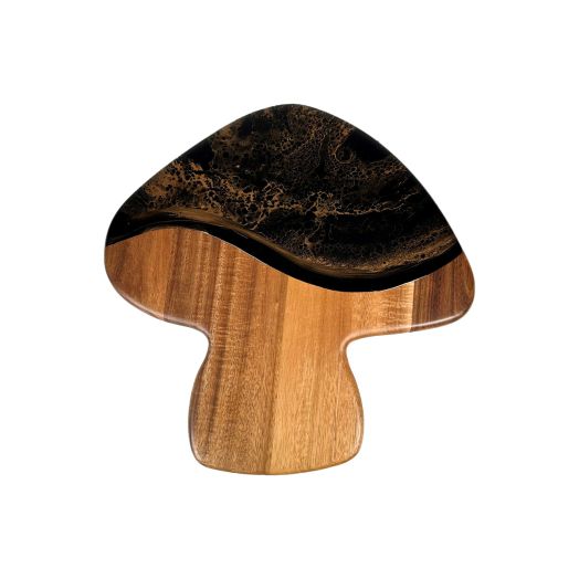 Wood cheese board shaped like a mushroom with black ember detailing