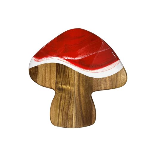 Wooden charcuterie board shaped like a mushroom with a red resin on it